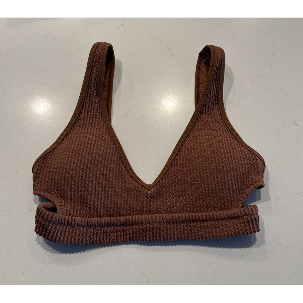 Aerie Crinkle Scoop Encolure Degagee Cut Out Bikini Top Size XS Brown Textured